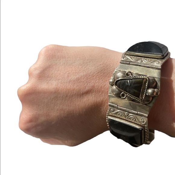 Vintage Sterling Silver Hecho En Mexico Aztec Mask Carved Onyx Panel B… - Picture 2 of 12